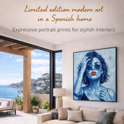 Blue portrait wall art of a woman with sunglasses and red lips displayed in a bright Spanish villa interior with warm tones and Mediterranean style and a blue serie plimited edition print