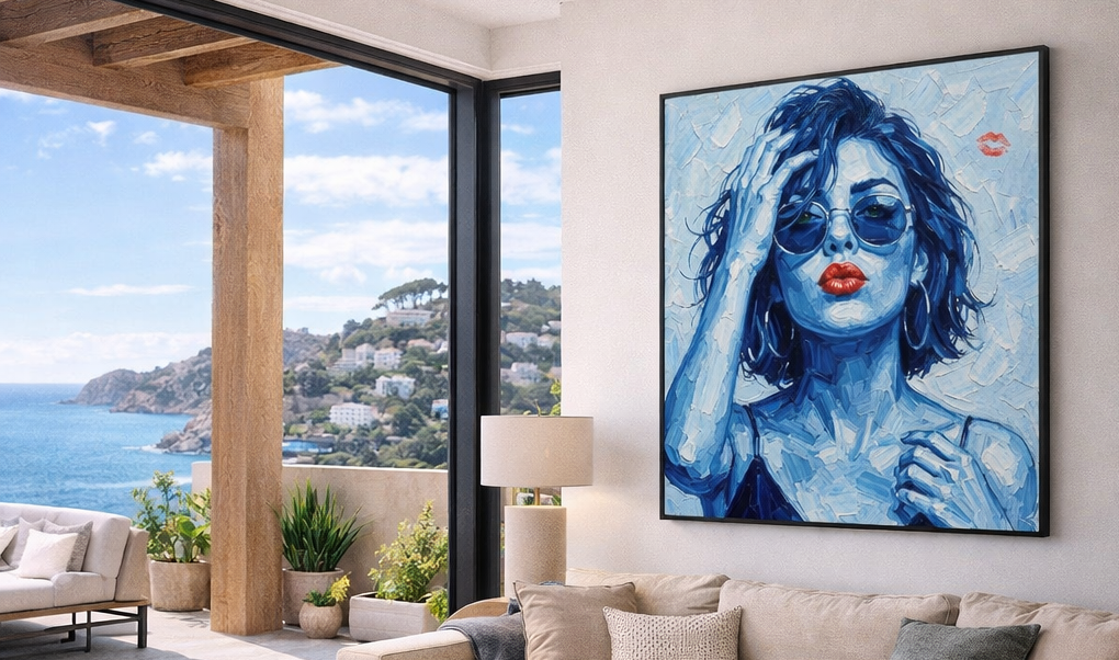 Blue portrait wall art of a woman with sunglasses and red lips displayed in a bright Spanish villa interior with warm tones and Mediterranean style nd a pretty female face