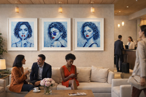 The Blue Series – Modern Feminine Portrait Art in Deep Blue Tones - Blue Series fine art prints displayed in modern hotel lobby lounge