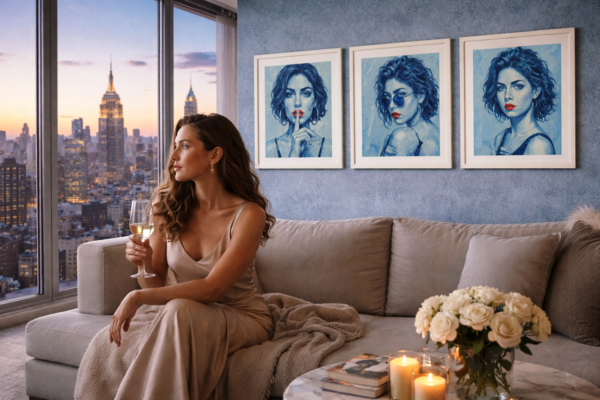 Blue Series fine art prints displayed in luxury apartment with city skyline view – modern blue portrait artworks above sofa at sunset