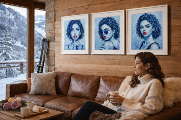 The Meaning of Blue in Art – Calm, Depth and Identity – blue portrait artworks with red lips in warm wooden ski lodge interior