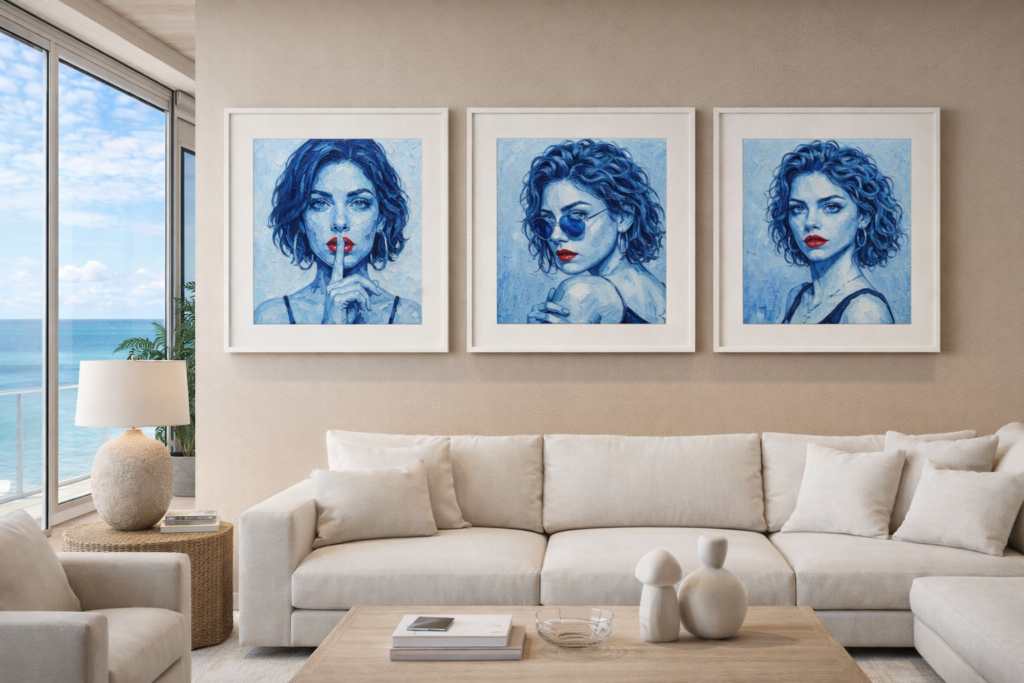 Blue Series fine art prints displayed in modern living room – three blue portrait artworks with red lips in framed wall art arrangement