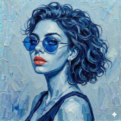 Cold Glance fine art print – blue portrait of woman with sunglasses and red lips, limited edition artwork