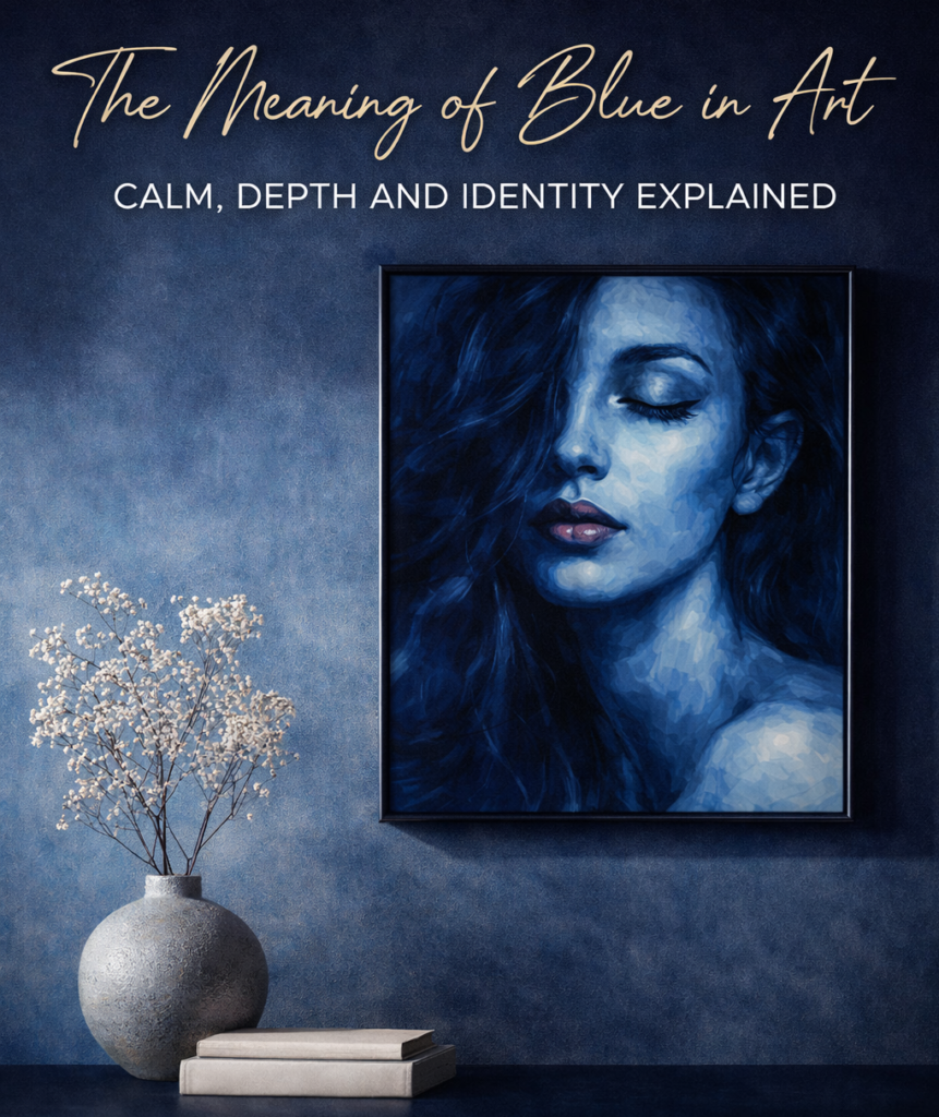 Modern feminine portrait in deep blue tones displayed as framed wall art in a minimalist interior, illustrating the meaning of blue in art.