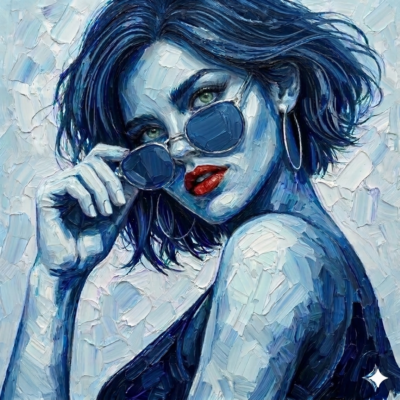 Second Look fine art print – blue portrait of woman lowering sunglasses with red lips, limited edition artwork