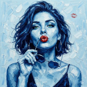 Silent Kiss fine art print – blue portrait of woman blowing a kiss with red lips, limited edition artwork - The Blue Series – Modern Feminine Portrait Art in Deep Blue Tones