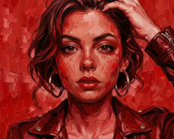 Crimson Gaze fine art print – red portrait of woman with freckles and direct intense eye contact