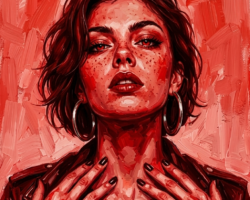 Crimson Touch fine art print – red portrait of woman with hands at neck, expressive and dramatic composition