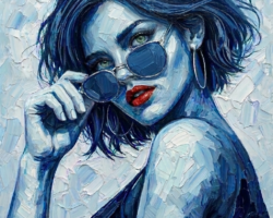 Second Look fine art print – blue portrait of woman lowering sunglasses with red lips, limited edition artwork