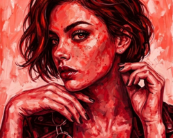 Crimson Attitude fine art print – red portrait of woman in profile with confident gaze and textured brush strokes
