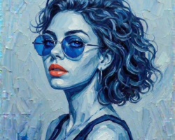 Cold Glance fine art print – blue portrait of woman with sunglasses and red lips, limited edition artwork