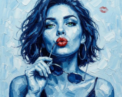 Silent Kiss fine art print – blue portrait of woman blowing a kiss with red lips, limited edition artwork - The Blue Series – Modern Feminine Portrait Art in Deep Blue Tones