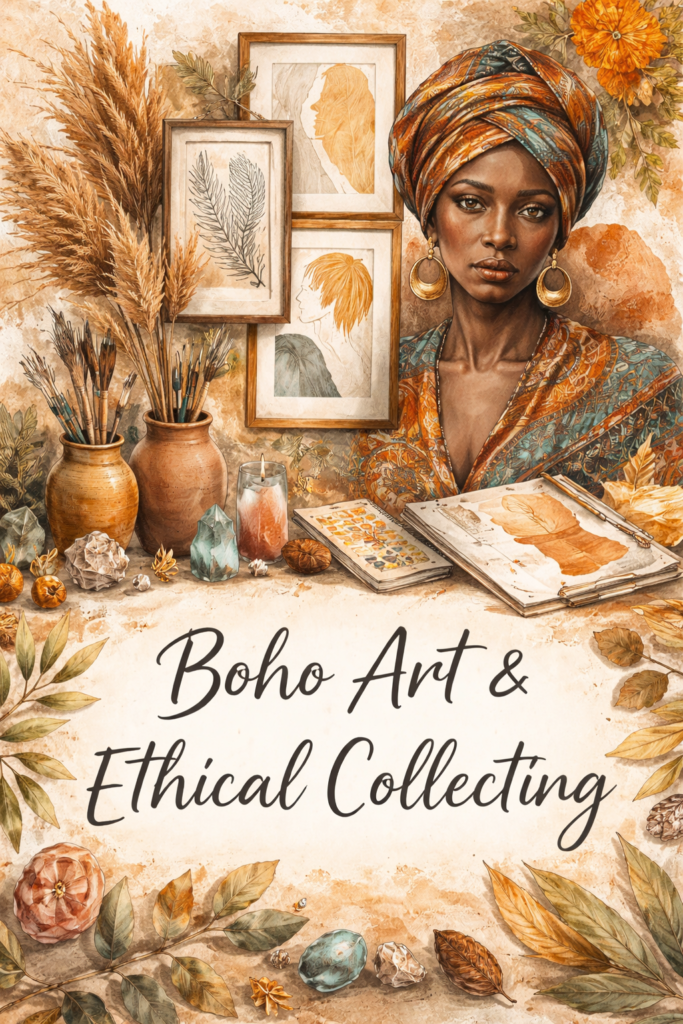 Boho-style fine art portrait featuring an ethical face, natural textures, and warm earthy tones reflecting conscious art collecting.