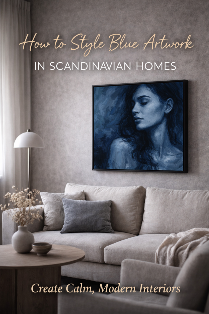 Blue portrait artwork in a Scandinavian living room with neutral sofa, soft textiles and minimalist decor creating a calm modern interior.