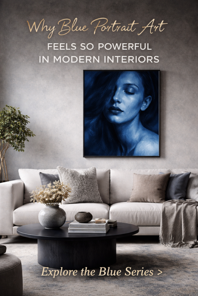 Blue portrait art displayed in a modern minimalist living room interior with neutral sofa and decor, creating calm and depth.