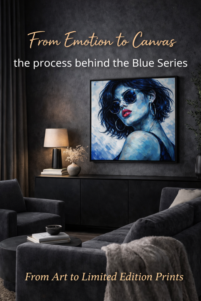 Blue portrait artwork of a woman with sunglasses and red lips displayed in a modern loft interior with raw textures and contemporary design.