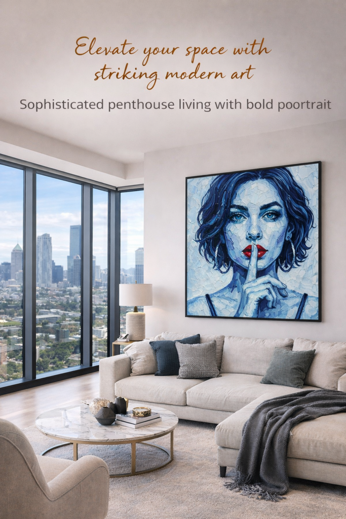 Blue portrait wall art of a woman with red lips displayed in a luxury penthouse living room with city skyline view and modern interior design.