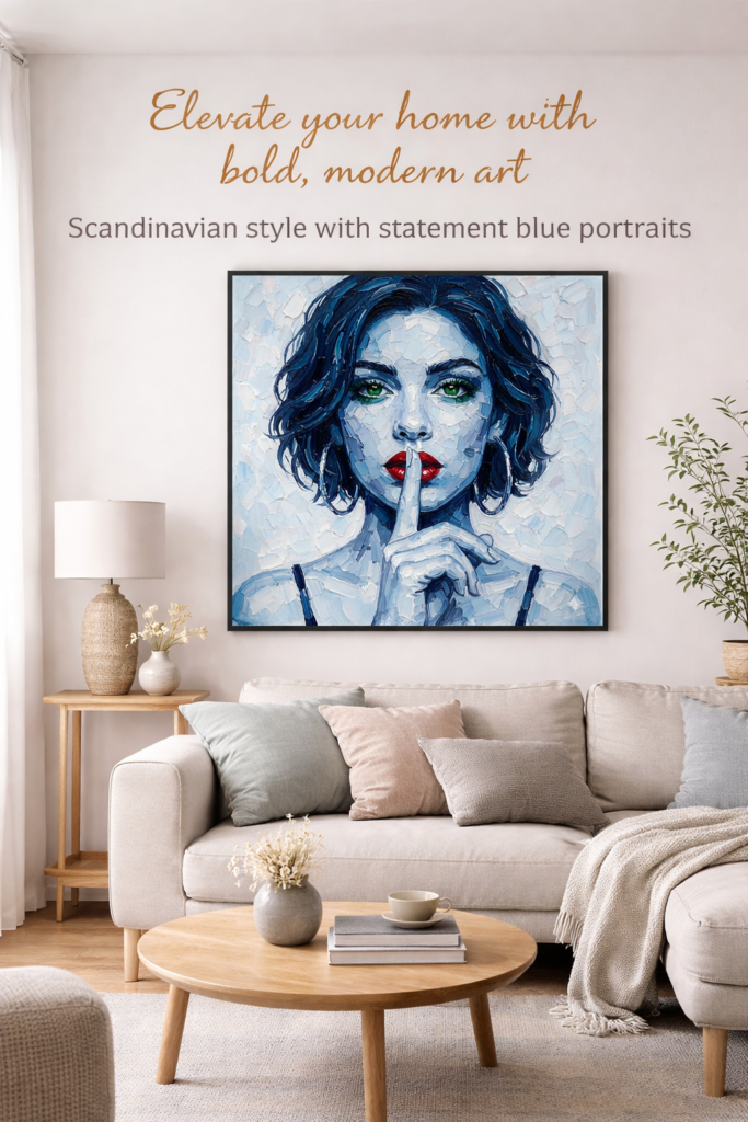 Blue portrait artwork of a woman with red lips displayed in a modern Scandinavian living room with neutral tones and minimalist decor.