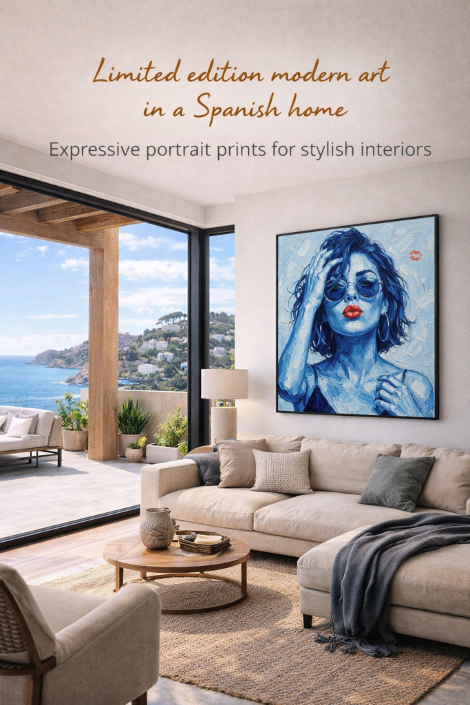 Blue portrait wall art of a woman with sunglasses and red lips displayed in a bright Spanish villa interior with warm tones and Mediterranean style.