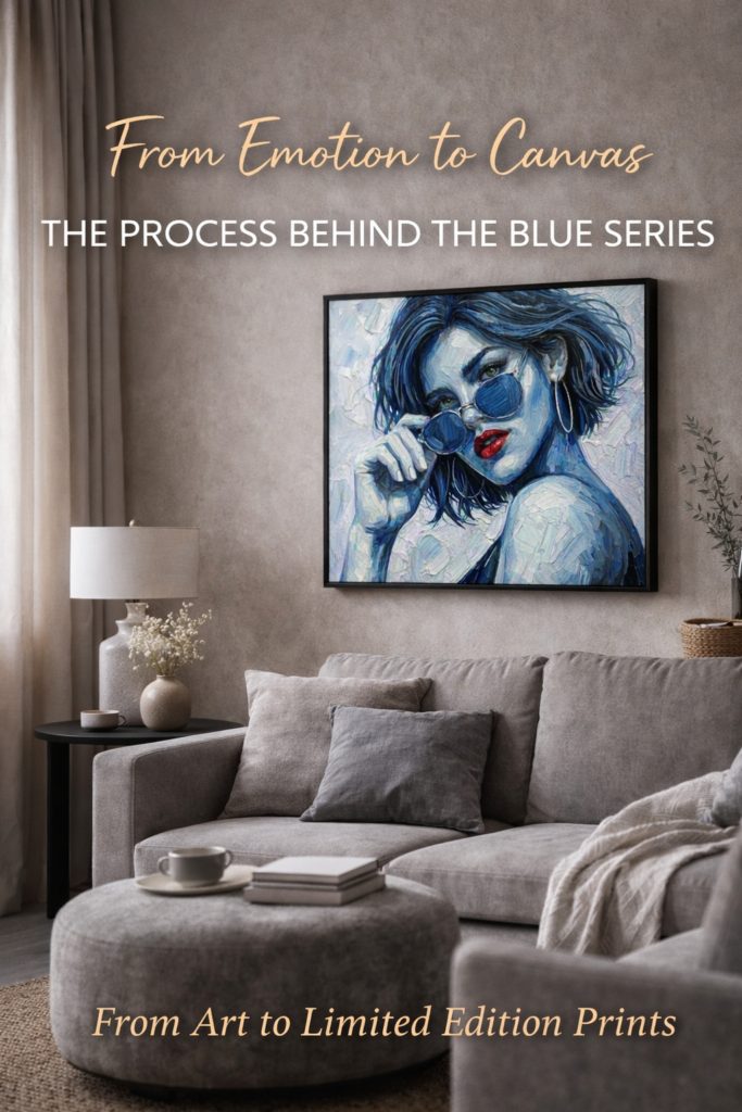 Modern blue portrait of a woman with sunglasses and red lips in expressive brushstroke style, used as contemporary fine art wall print.